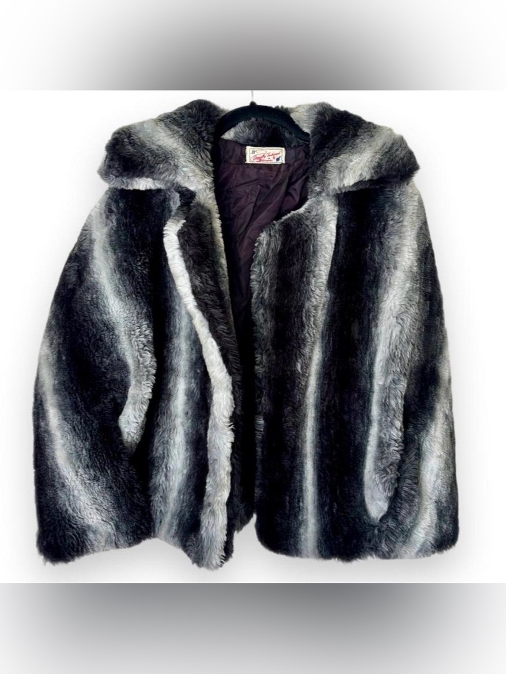 Vintage Gray Striped Faux Fur Poncho